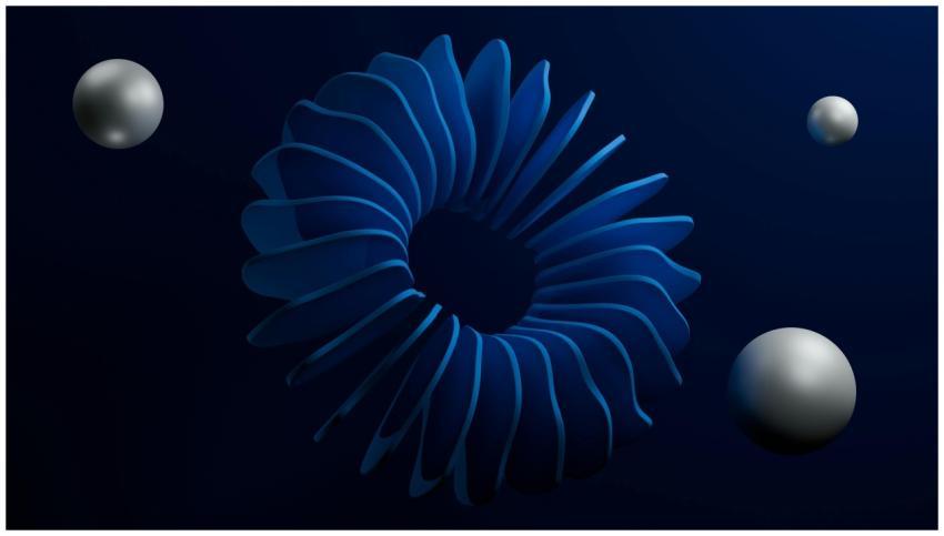 An abstract 3D design featuring blue curved shapes