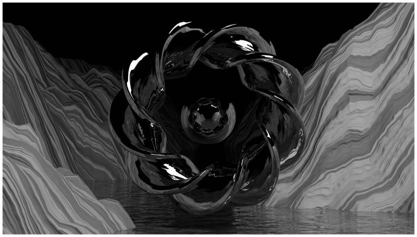 Monochrome abstract 3D landscape with a central tw