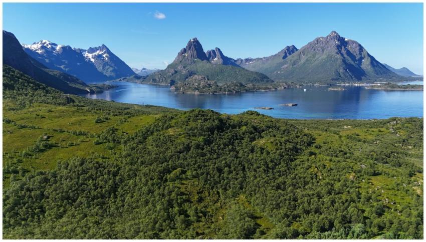 Breathtaking aerial view of Lofoten mountains and