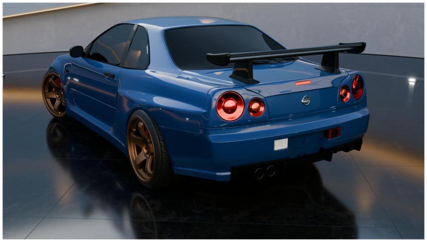 Blue Nissan Skyline R34 showcased in an indoor mod