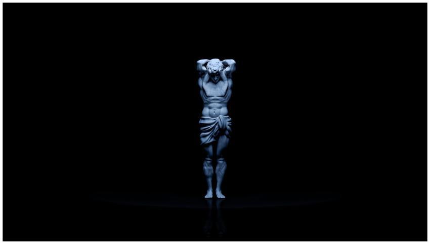 A classical Greek-style statue in dramatic lightin