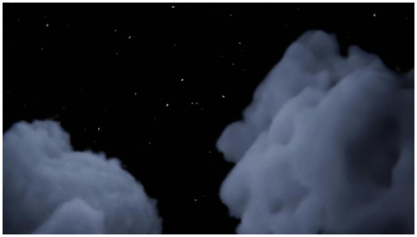 A serene starry night sky with fluffy white clouds