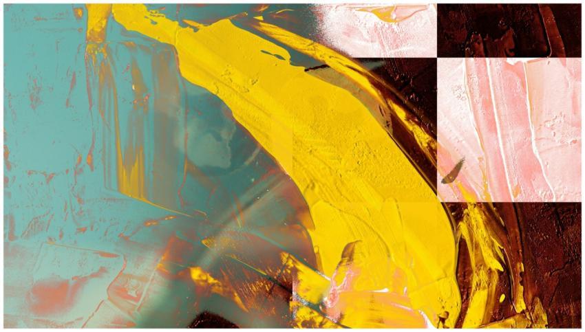 Dynamic abstract art in bold yellow, teal, and pin