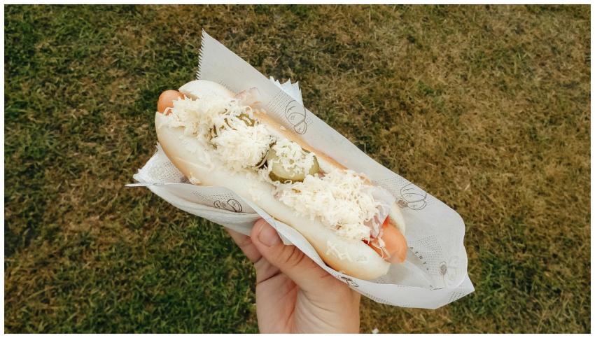 Close-up of a hot dog with cheese and pickles held