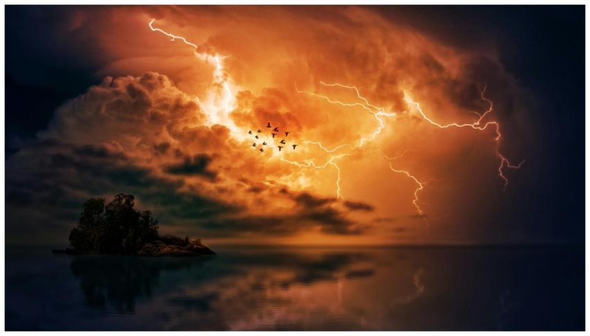 Flock of birds fly during a dramatic lightning sto