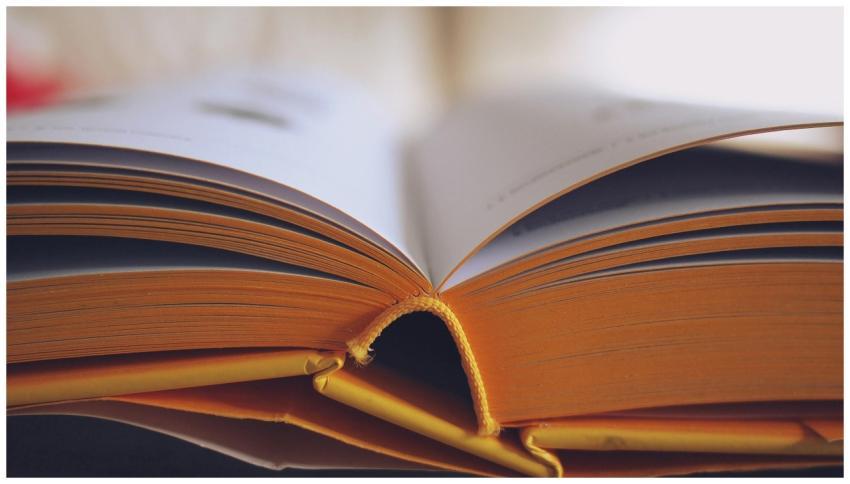 Detailed close-up of an open book with yellow page
