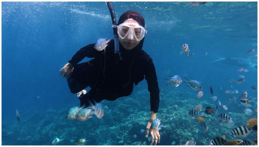 A snorkeler in Jawa Tengah, Indonesia explores vib