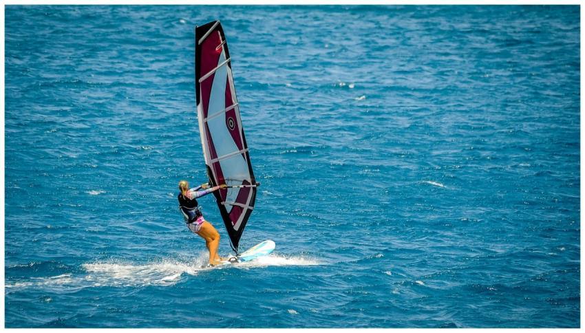 Woman windsurfing on open blue ocean, capturing th