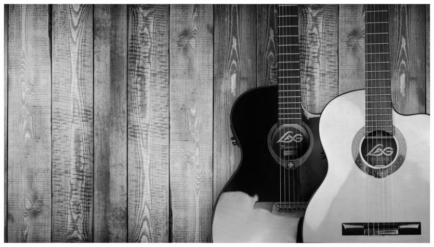Two acoustic guitars in black and white against a