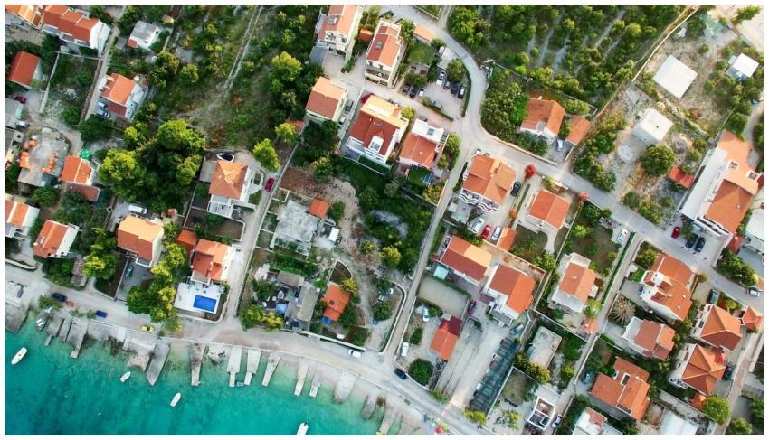 A scenic aerial shot of a seaside town in Croatia