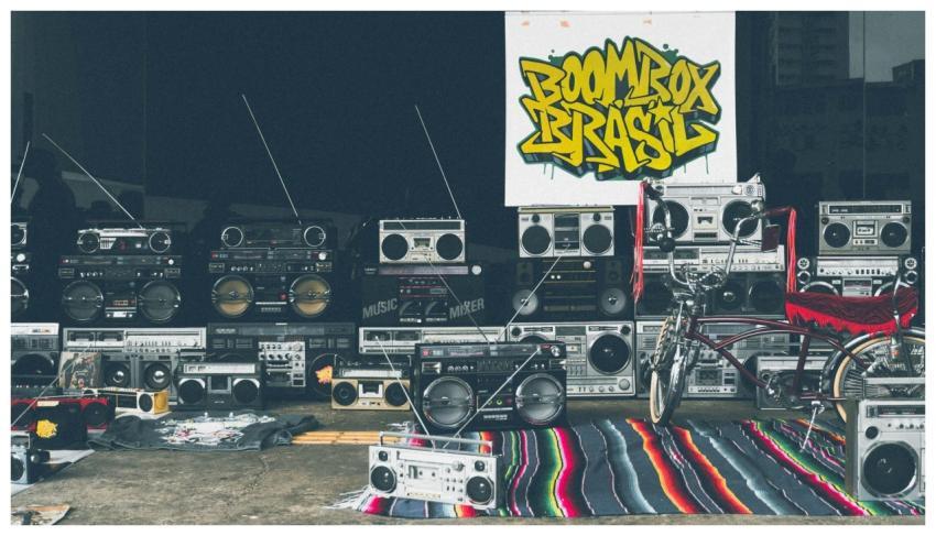 Retro boombox collection and vintage bicycle with