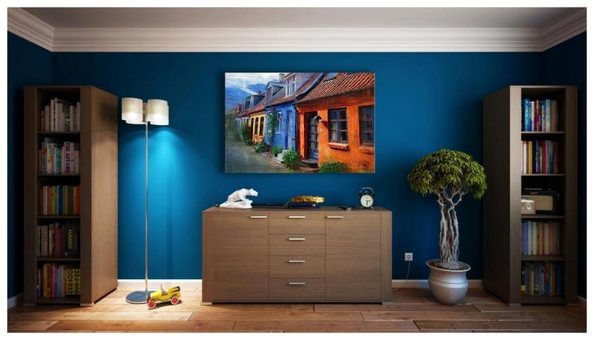 A modern living room featuring stylish bookshelves