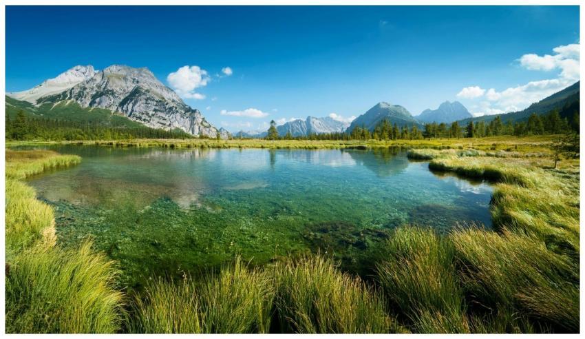 Breathtaking view of a clear alpine lake reflectin