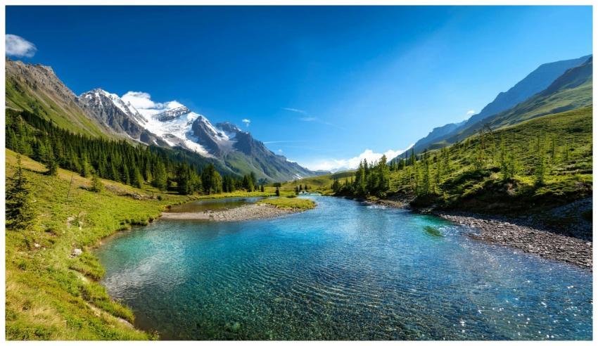 Breathtaking view of a clear mountain river alongs