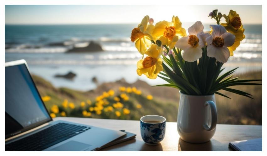 Computer Daffodils Coffee Sea