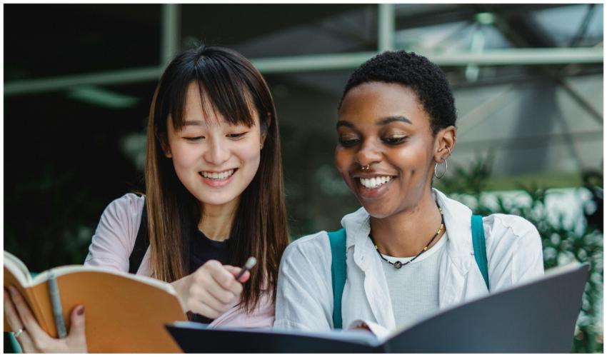 Two happy ethnic students enjoying studying togeth