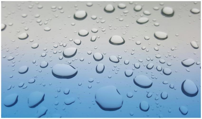 Detailed close-up of water droplets on a blue glas