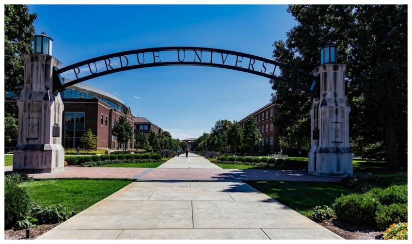 Scenic view of Purdue University's entrance arch w
