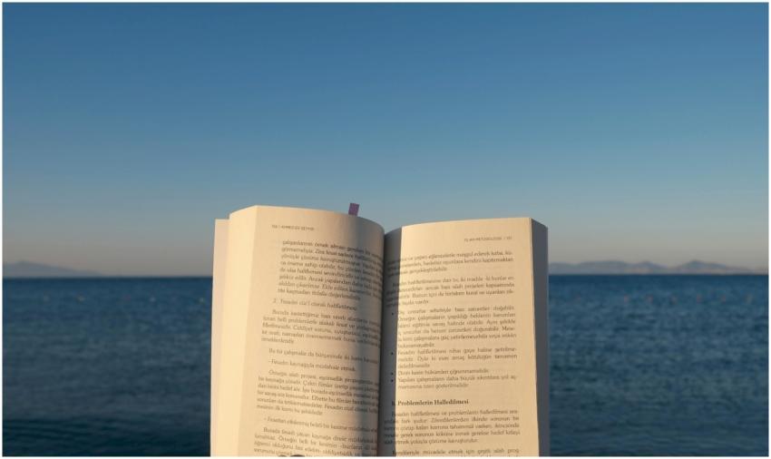 An open book is held by the ocean under the calmin