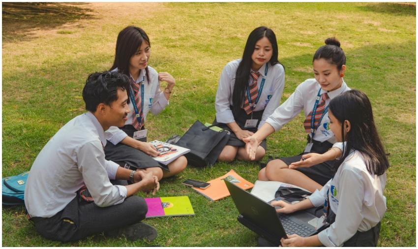 A group of college students studying together on a