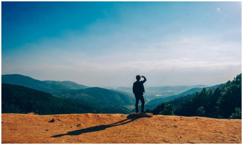 A lone traveler stands on a hilltop, gazing over a