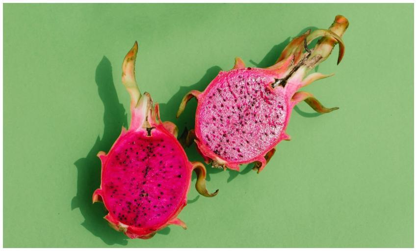 From above of fresh ripe dragon fruit cut in halve