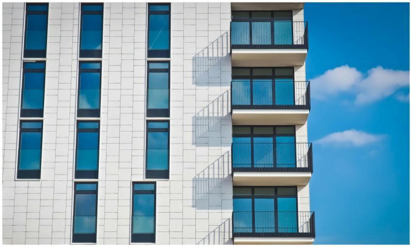 Contemporary urban apartment building with framed