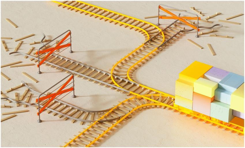 Colorful abstract design depicting rail tracks wit