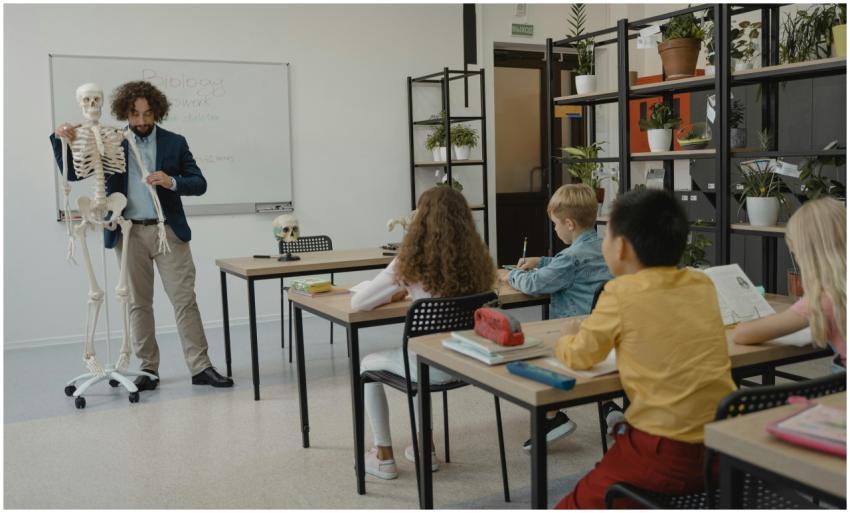 Teacher explaining biology with skeleton model to