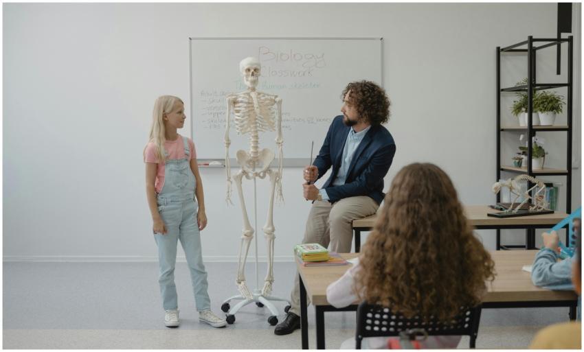 Teacher and students in a classroom using a skelet