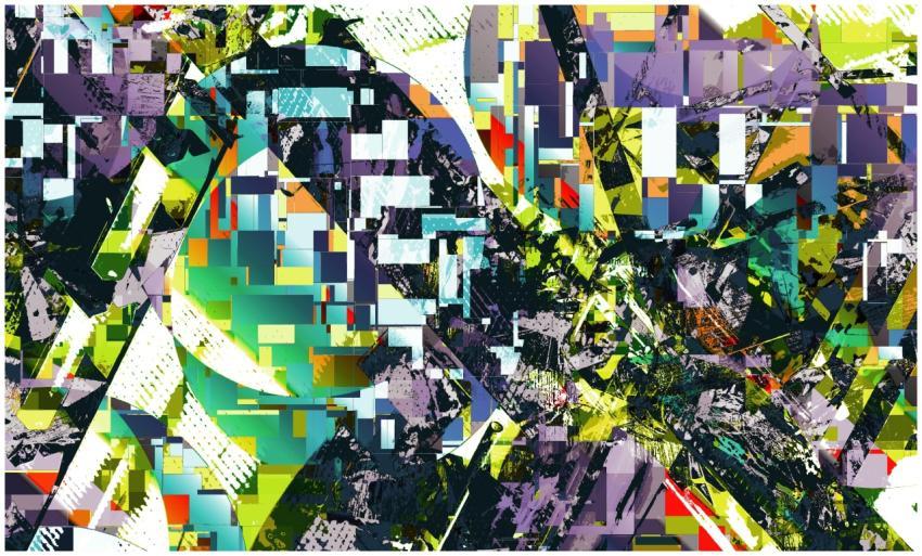 Dynamic abstract artwork featuring colorful geomet
