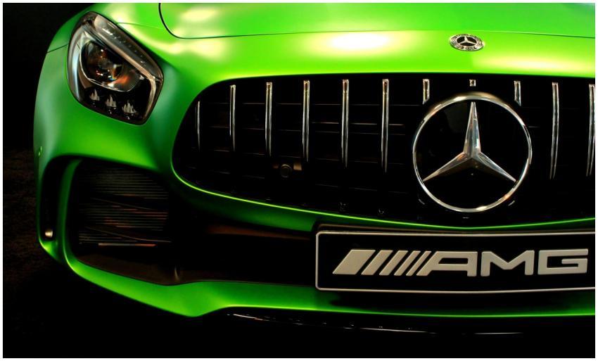 Close-up of a vibrant green Mercedes AMG grille sh