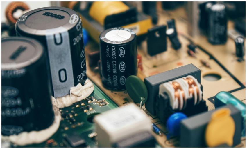 Detailed close-up of capacitors and components on