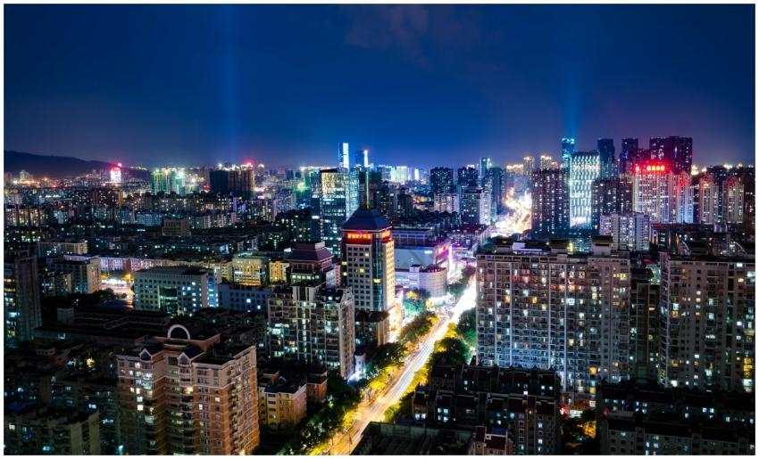 A vibrant night view of Fuzhou cityscape, featurin