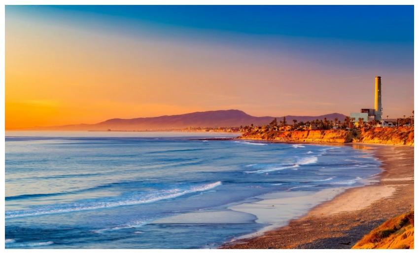 Golden sunset over a serene California coastline,