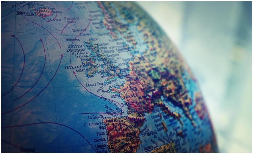 Detailed close-up of a globe showing parts of Euro