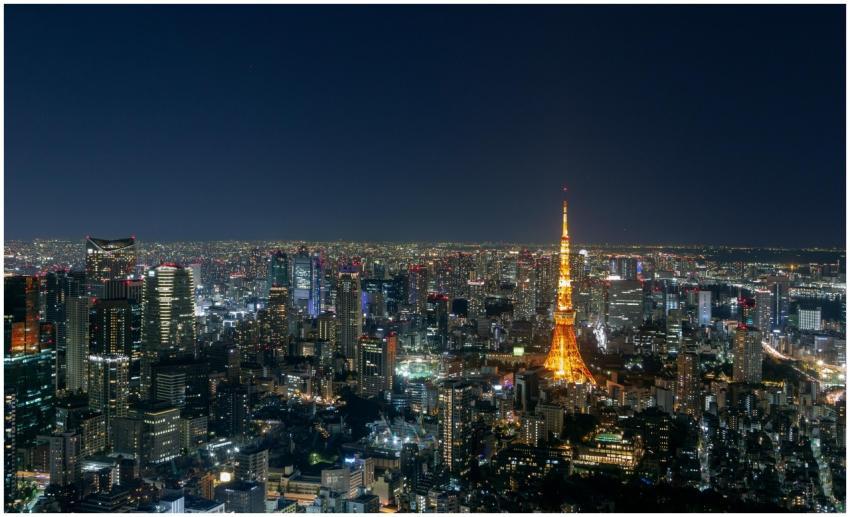 A breathtaking aerial view of Tokyo's skyline, fea
