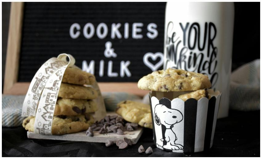 Chocolate chip cookies served with milk, perfect f