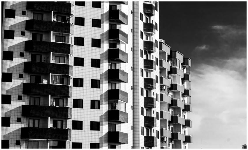 Striking black and white image of urban buildings