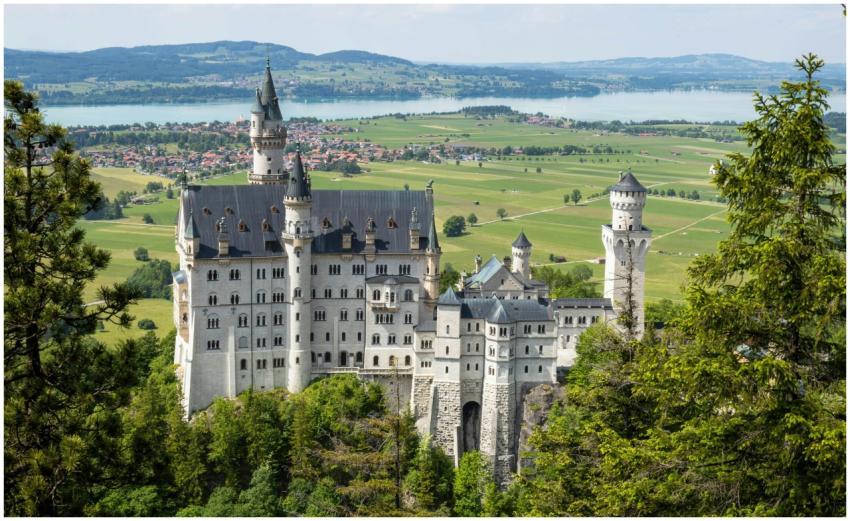 A stunning view of Neuschwanstein Castle surrounde
