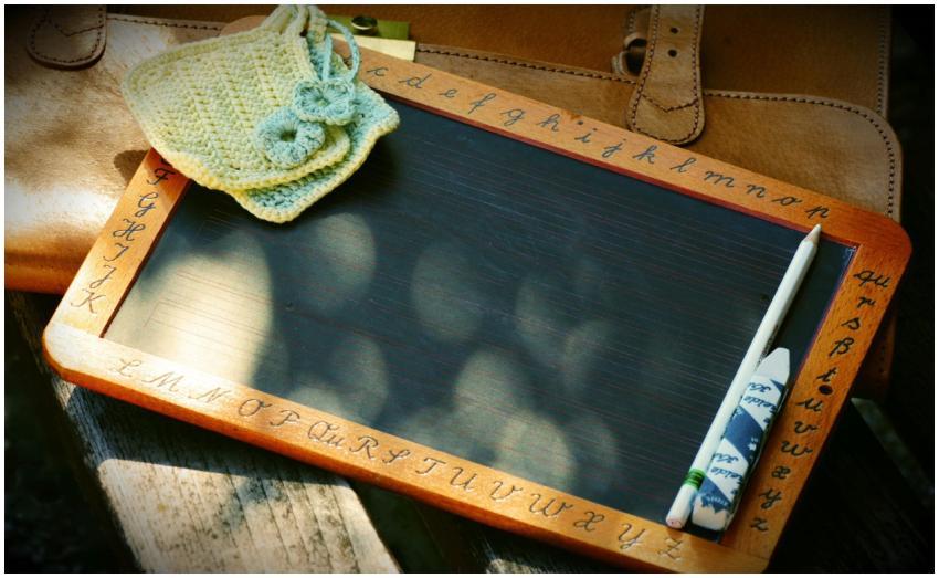 A classic wooden framed chalkboard with alphabet e