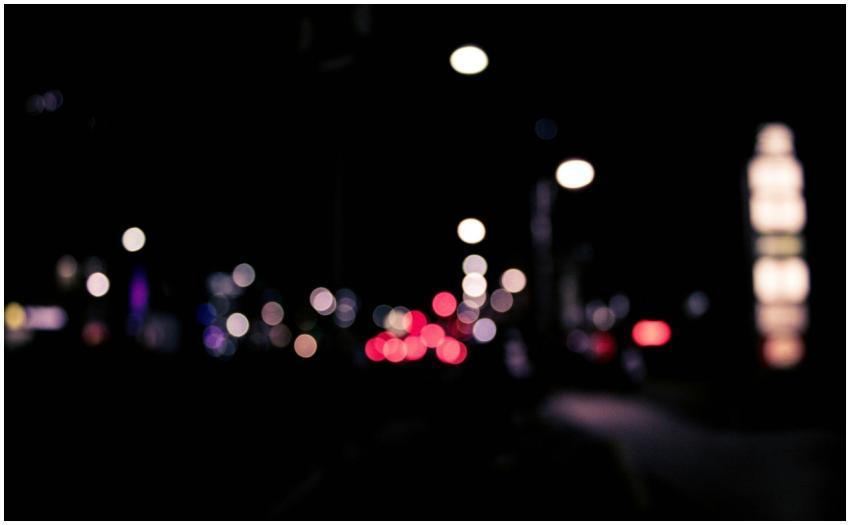 Blurred urban nighttime scene with colorful bokeh
