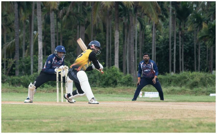Dynamic cricket action featuring a batsman playing