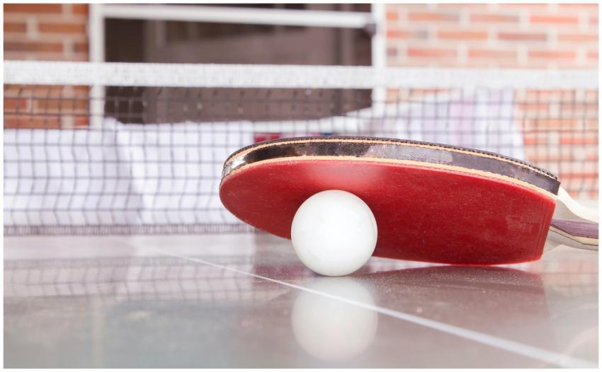 Close-up shot of a table tennis paddle and ball on