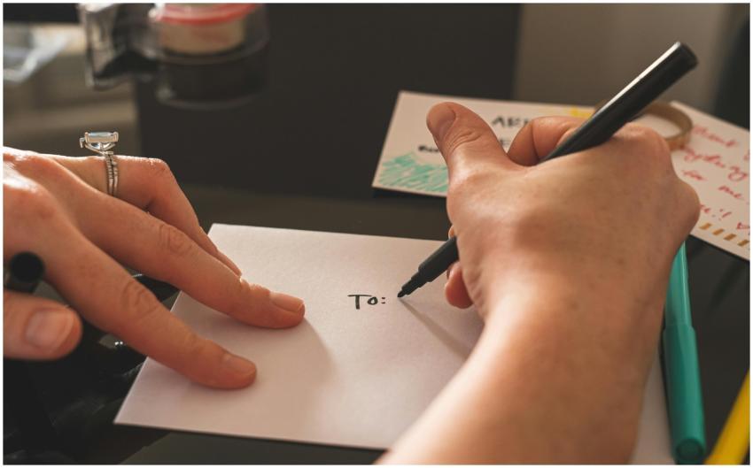 Hands writing on an envelope with marker, emphasiz