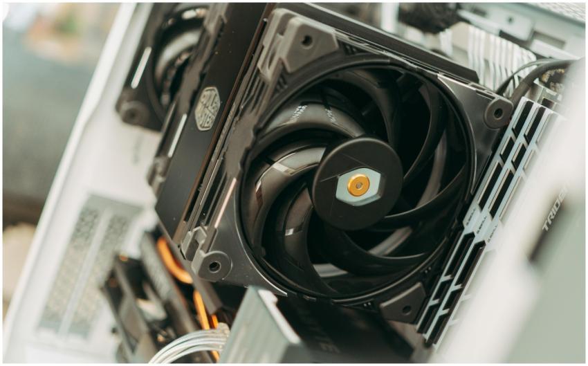 Detailed shot of a computer cooling fan within a d