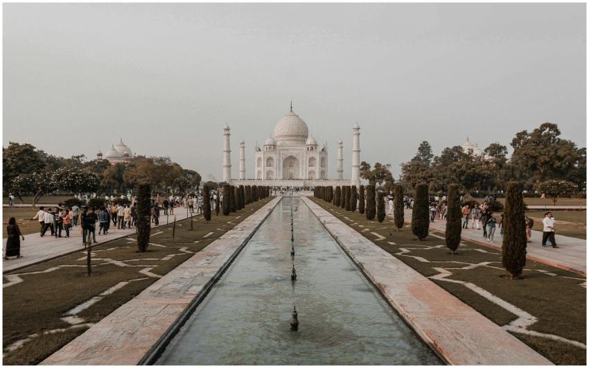 The Taj Mahal stands gloriously amidst lush garden