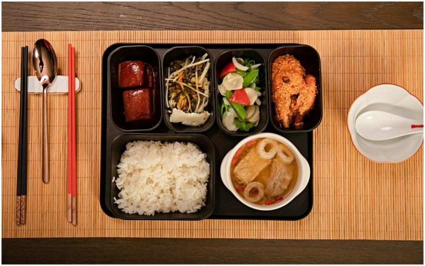 Top view of a traditional Asian bento box with div
