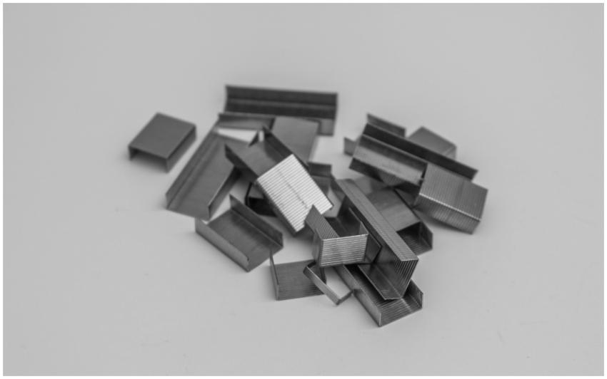 A monochrome photo of metal staples scattered on a