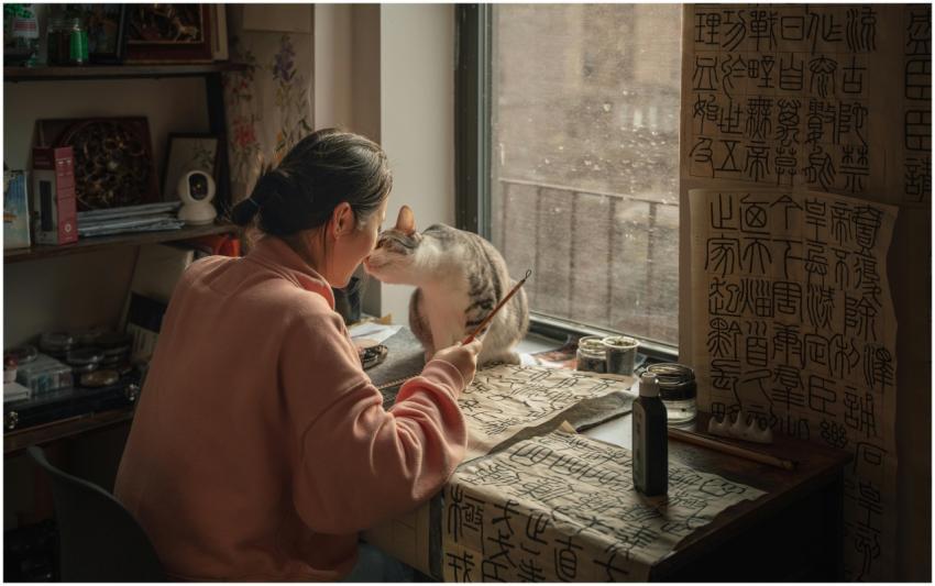 Woman practicing calligraphy with her cat in a war